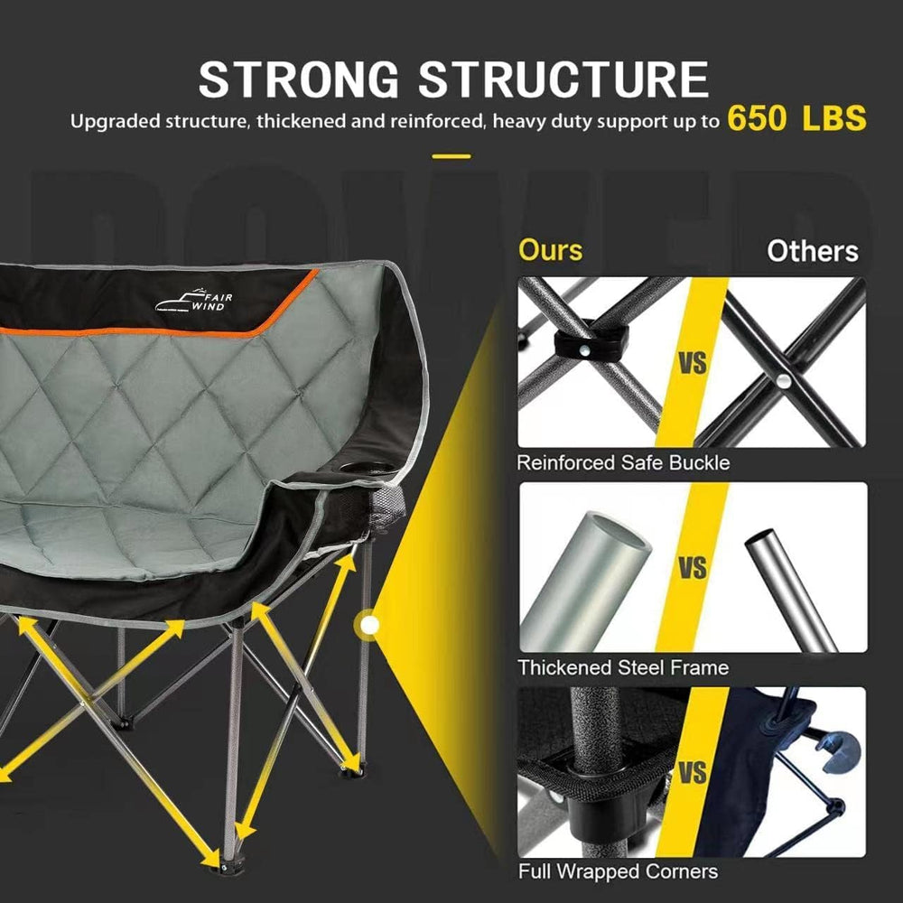 FAIR WIND Oversized 3 Person Camping Chair Padded Triple Loveseat Folding Cam...