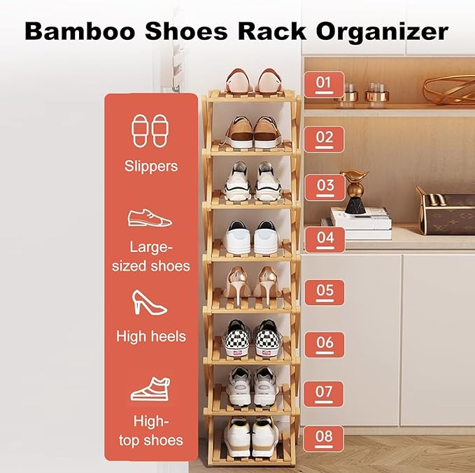 Simcat Wood Shoe Rack Foldable Shoe Organizer Shoe Storage for Small Spaces Free Standing Shelf for Entryway, Bedroom, Garage (7 Tiers,Primary Colors)