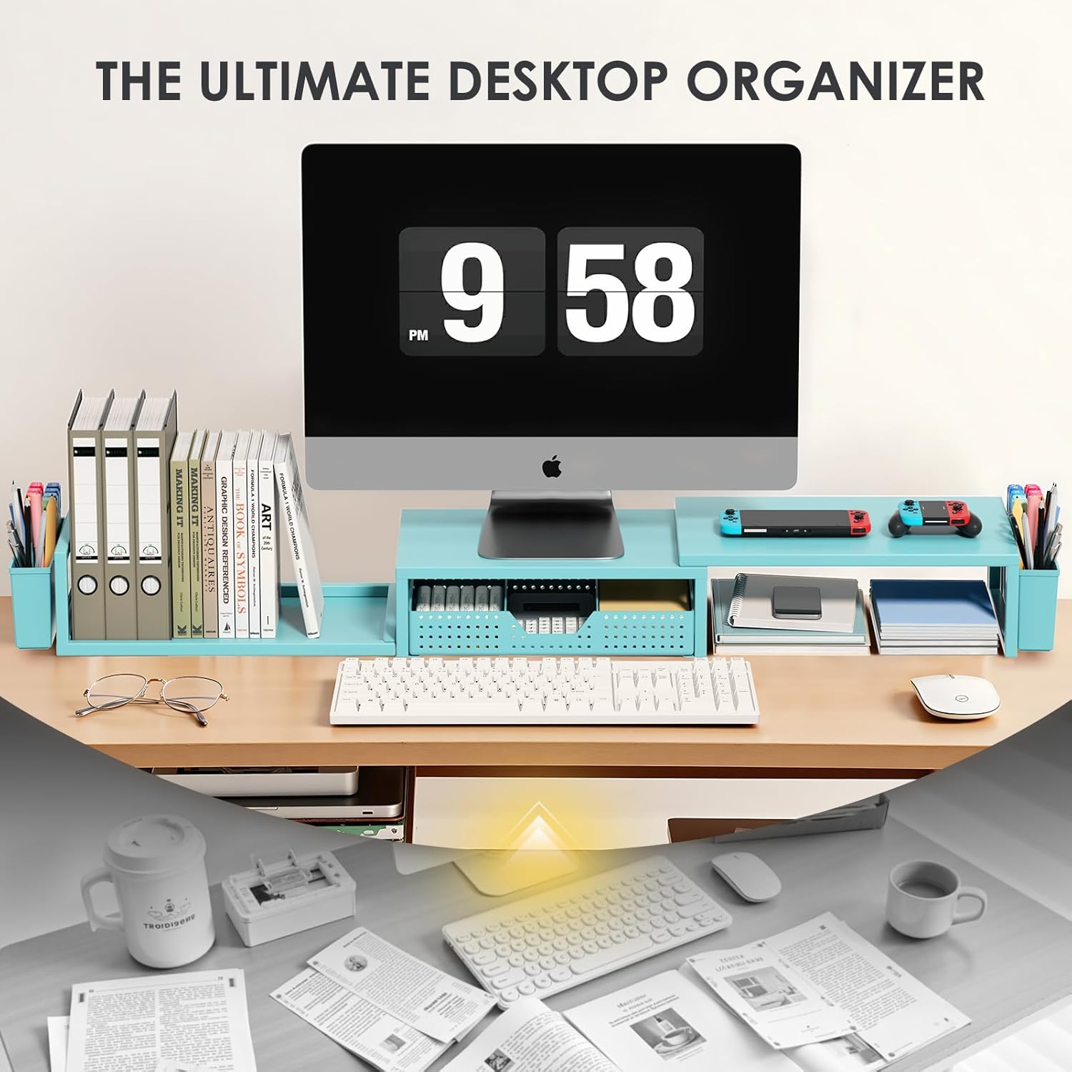 OPNICE Desk Organizers and Accessories, Dual Monitor Stand Riser with Drawer and 2 Pen Holders, Desk Shelf Metal Computer Monitor Stand for Office Workspace Organizers, Desktop Organization (Blue)