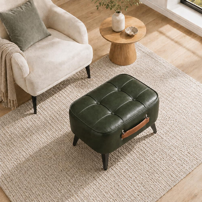 Vintage Style Faux Leather Ottoman Footstool - Wooden Frame, Upholstered Interior, Multi-Use Footrest for Living Room, Entryway, Office (Green Black)
