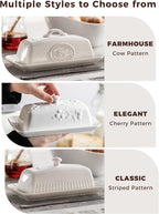 Butter Dish with Lid for Countertop, Ceramic Butter Dish with Knob Handle, Large Butter Holder Container for East West Coast Butter Storage, Cherry
