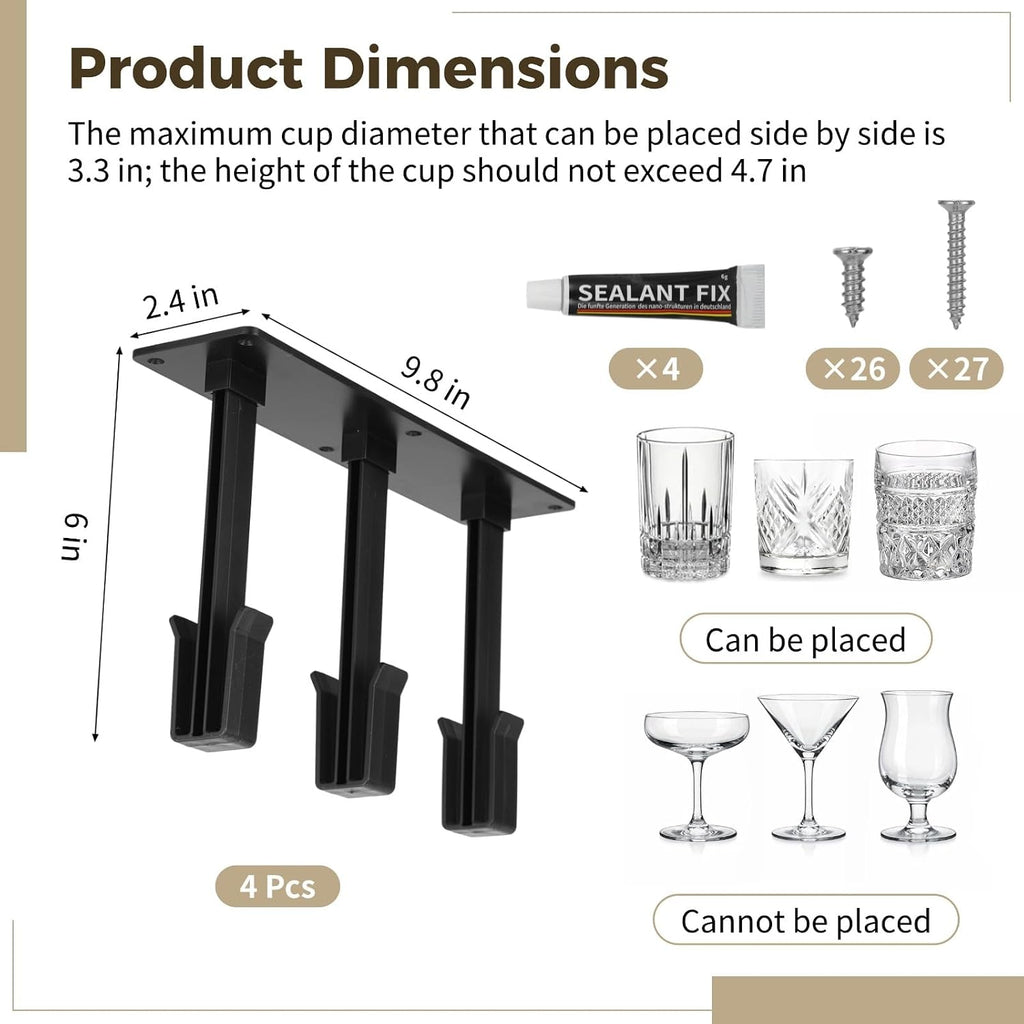 4 Pcs Wine Glass Rack, Under Cabinet Stemware Organizer, Inverted Hanging Draining Dustproof Plastic Cup Storage Holder with Mounting Screws & Glue, Ideal for Kitchen, Bar and Dining Room (Black)
