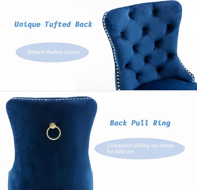 KCC Velvet Dining Chairs Set of 4, Upholstered High-end Tufted Dining Chair with Nailhead Back Ring Pull Trim Stainless Steel Legs, Contemporary Nikki Collection Modern Style for Kitchen, Blue