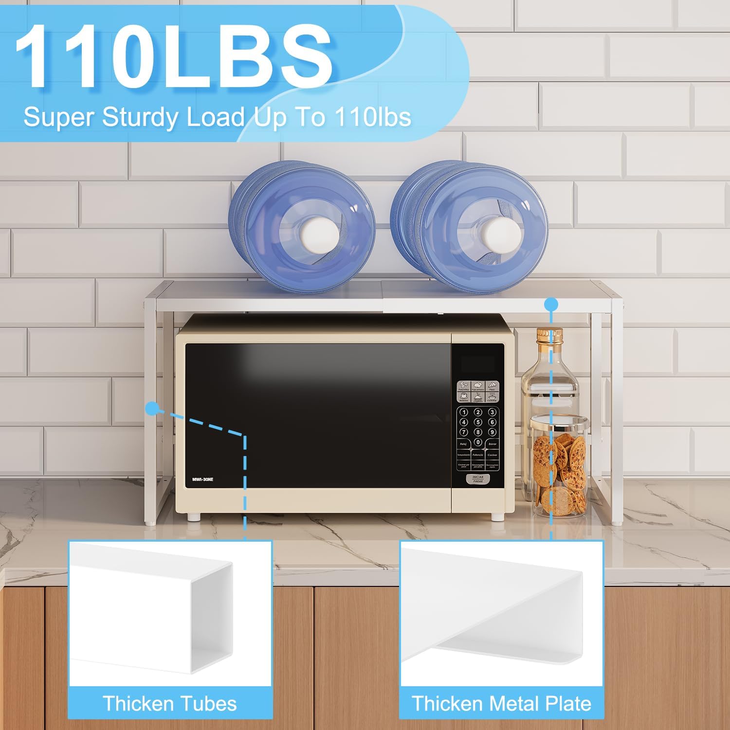 2 Pack Expandable Kitchen Storage Shelves,110LBS Heavy Duty Metal Shelving Unit and Storage for Pot Pans,Adjustable Stackble Small Storage Shelf Organizer for Kitchen Under Cabinet Pantry Garage,White