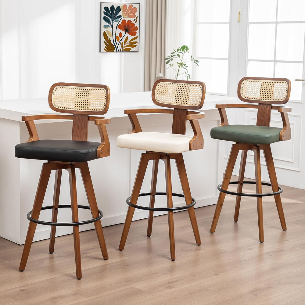 Mid Century Bar Stools, 27 inch Rattan Swivel Counter Stools with Back