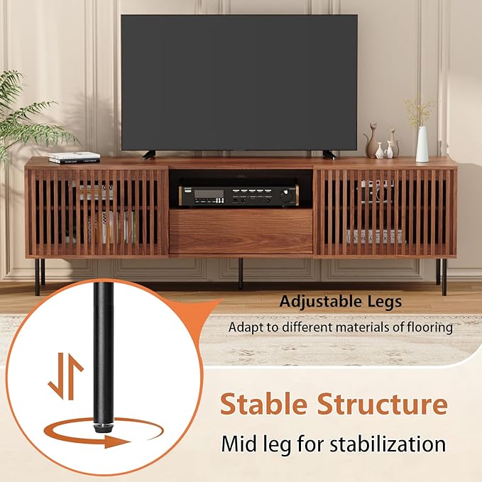 HOMMPA 70 Inch TV Stand for TVs Up to 80'', Mid Century TV Stand with Slatted Door Design, Modern Media Console with Storage Cabinet & Drawer, Entertainment Center for Livingroom, Walnut