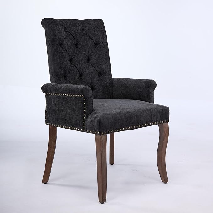 Upholstered Tufted Chenille Dining Chairs with Arms & Nailhead Trim – Sol...