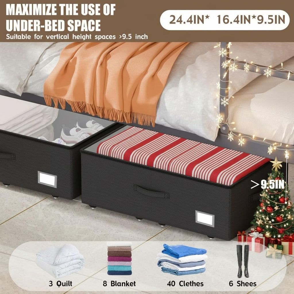 Underbed Storage Bins With Wheels, No Assemble Required 10 inches Height Large Capacity Rolling Underbed Shoe Storage Containers，Dorm Underbed Storage Drawers