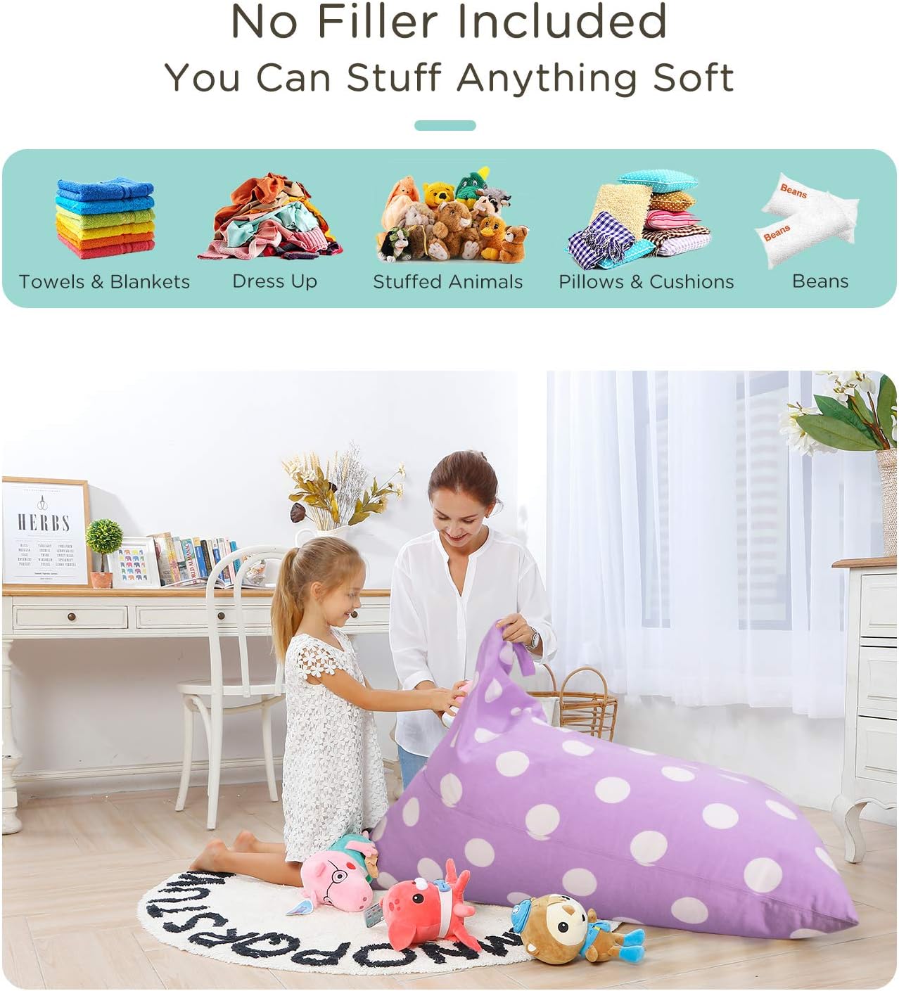 Aubliss Stuffed Animal Storage Bean Bag Chairs Cover, 50"x 35" Extra Large | Bean Bags Chair for Kids & Adults, Beanbag Toy Storage for Boys Girls - Premium Cotton Canvas Purple Dot