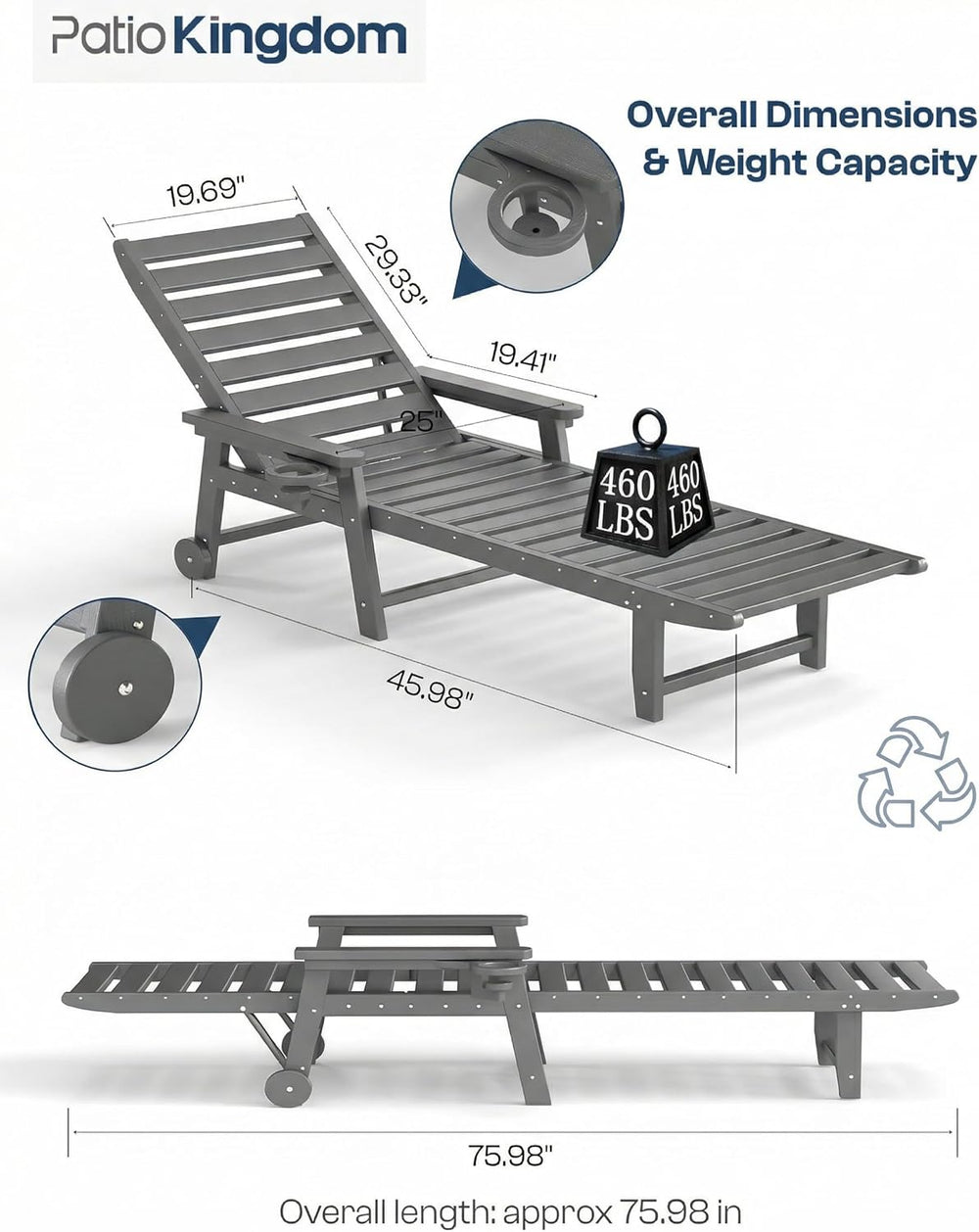 5-Position Adjustable Lounge Chair Outdoor, HDPE Outdoor Chaise Lounge with C...