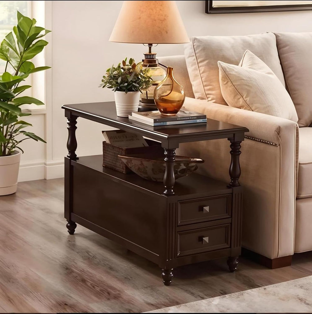 YUNMUARY-Solid Wood End Table with 2 Drawer Mid-Century Nightstand Narrow Sid...