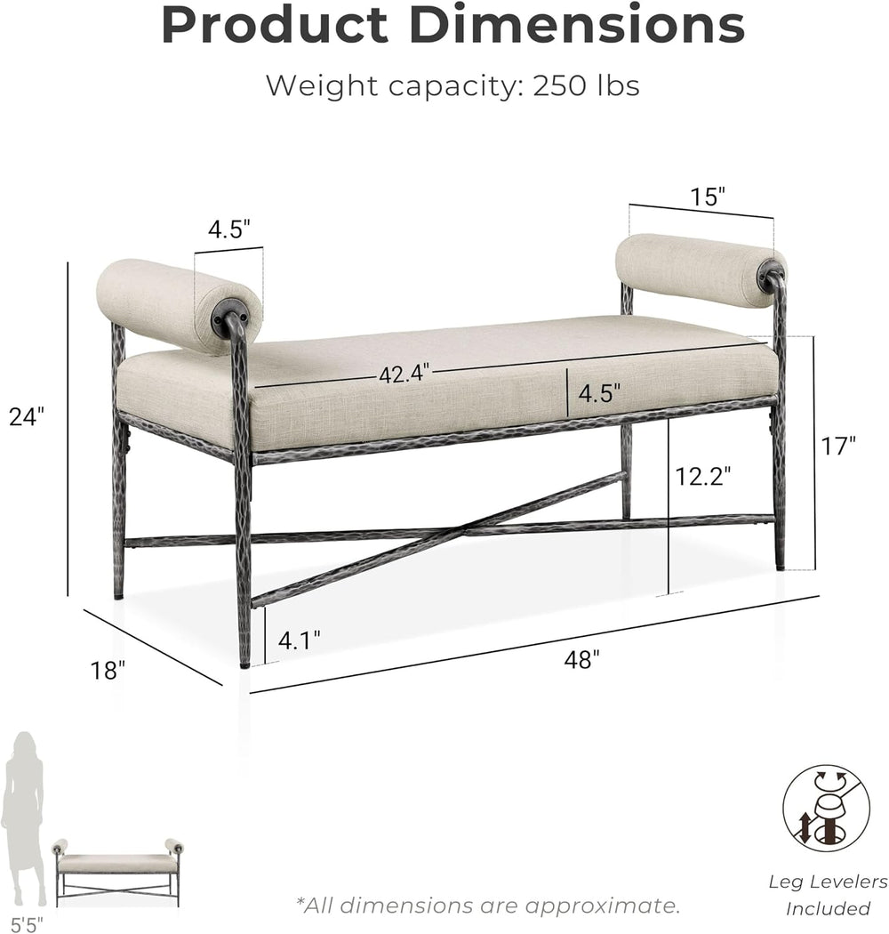 24/7 Shop at Home Lalia Upholstered 48-inch Metal Bench with Padded Roll Arms...