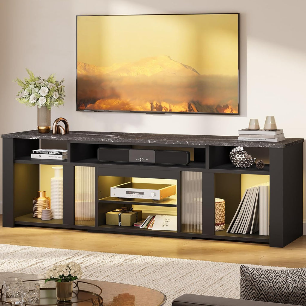 Bestier 80 Inch TV Stand for 85 Inch TVs, Modern Open Entertainment Center with LED Lights & Adjustable Shelves, Media Console for Gaming Setup and Home Theater (Black Marble)