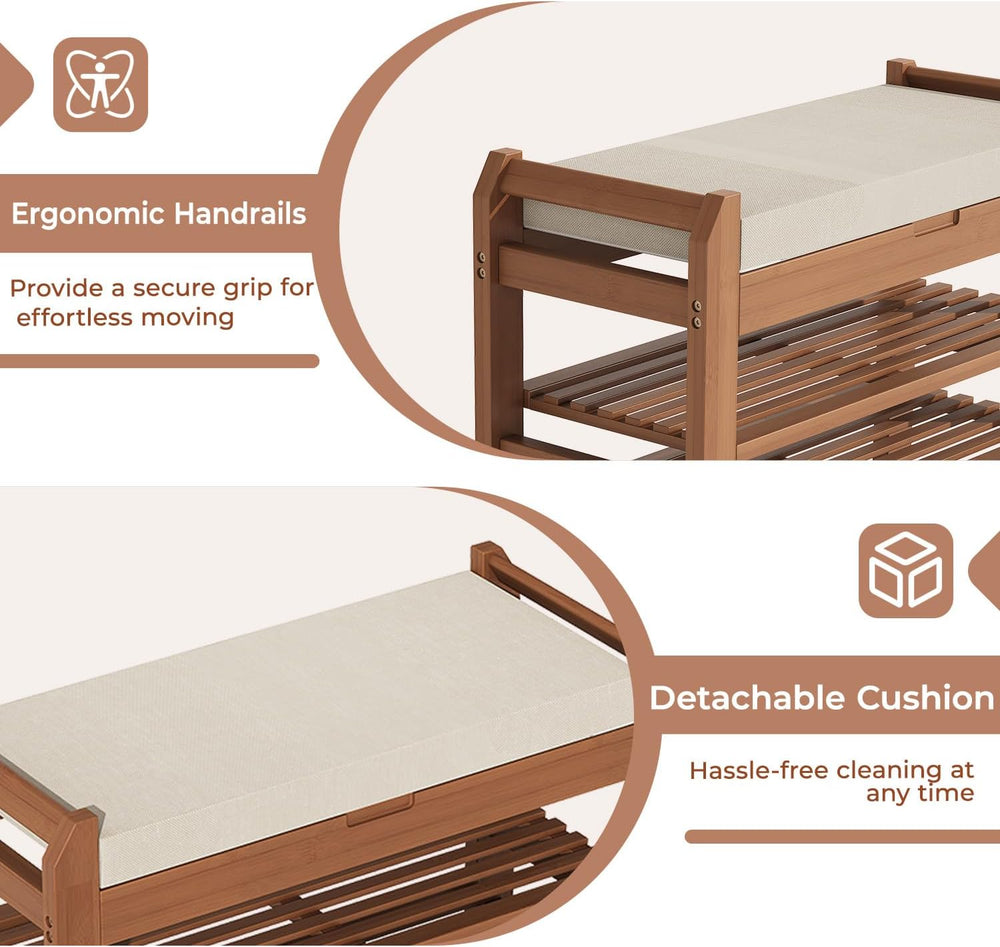 27.6" Bamboo Shoe Bench with Cushion, 2-Tier Storage Bench for Entryway,...