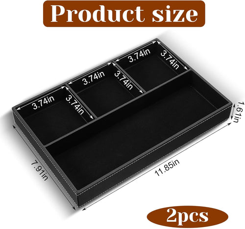 2 Pieces Faux Leather Valet Tray for Men, Stackable Jewelry Organizer for Drawers, Nightstand Caddy Tray for Key, Wallet, Sunglass, Watch, Coin, Phone, Bedside Desk-top Storage (Black)