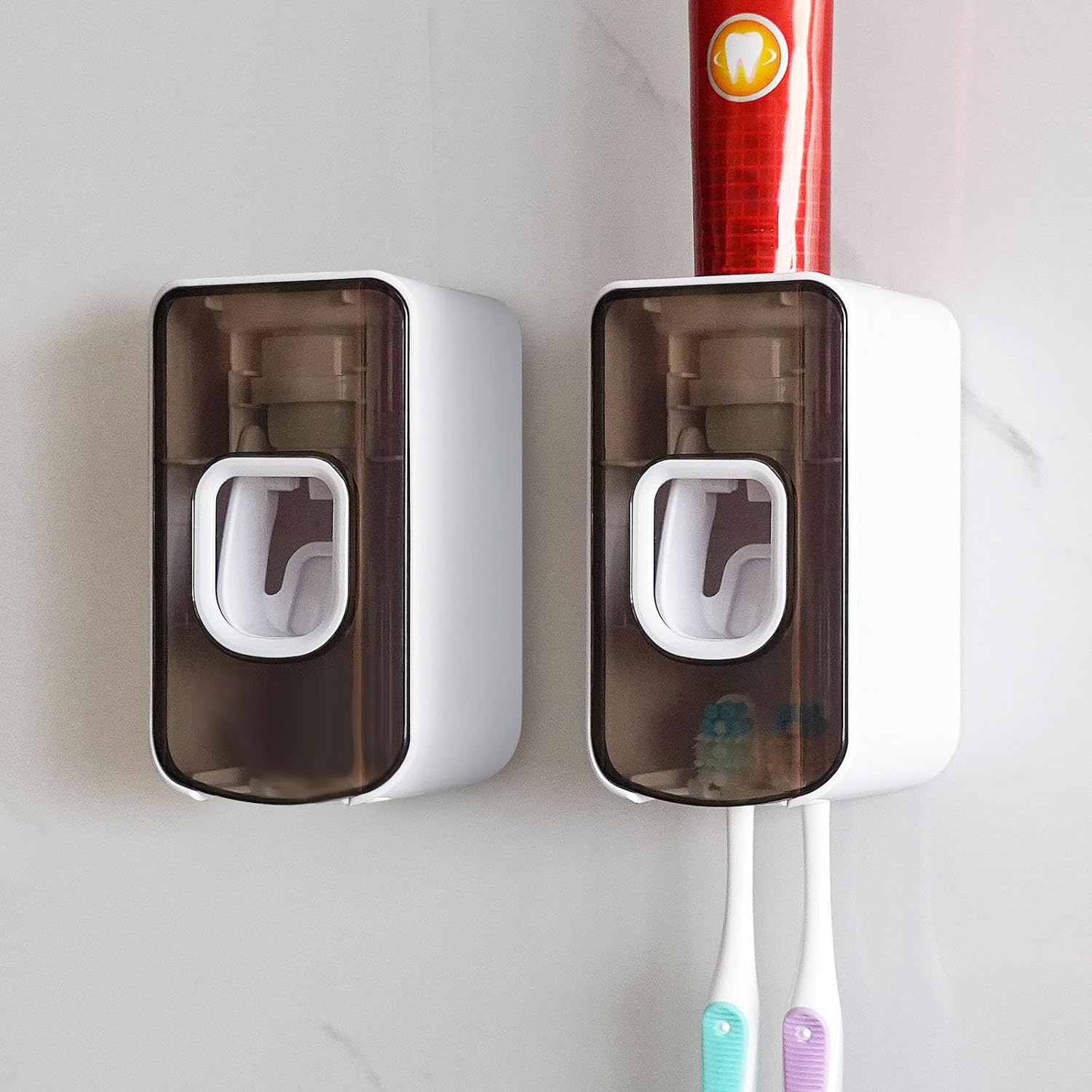 2 Slot Toothbrush Holder and Toothpaste Dispenser Wall Mounted, Automatic Toothpaste Squeezer, 2 in 1 Tooth Brush Toothpaste Organizer for Shower (Grey 2Pack)
