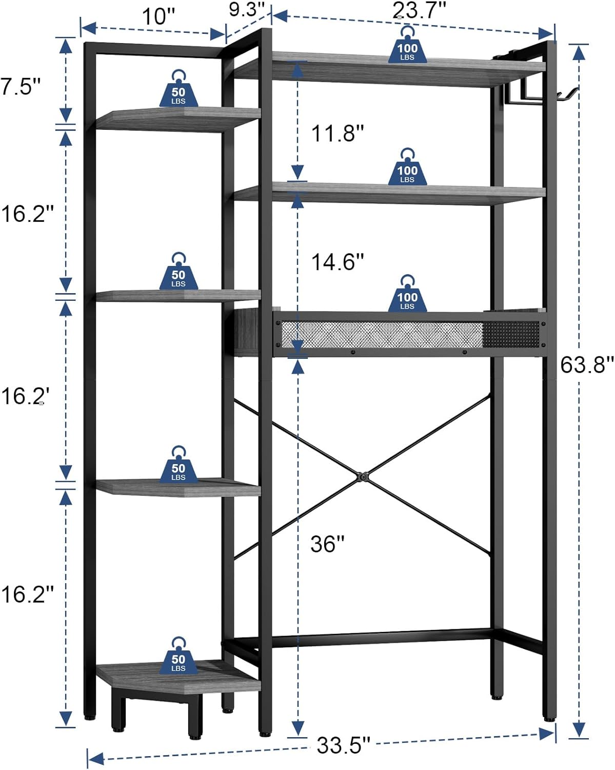 K1 Heavy Duty 7-Tier Over The Toilet Storage（with Basket and Paper Hook） Freestanding Above Toilet Shelf with Adjustable Feet，Space Saver Bathroom Shelves 9.3" D x 33.5" W x 63.8" H，Grey