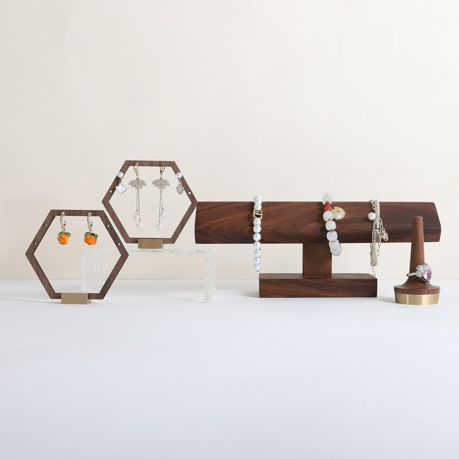 GemeShou 3pcs Wooden stud earring organizer holder, walnut earring hangers with brass base, Small Cute earring display for selling with 9 holes for each【Hexagon frame-3pcs】