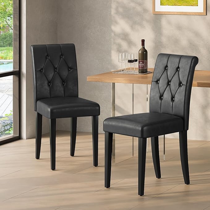 Upholstered Dining Chairs Set of 4, Button Tufted Parsons Dining Chair with Solid Wood Legs, Modern PU Leather Side Chair for Dining Room/Kitchen/Restaurant/Hotel- Black