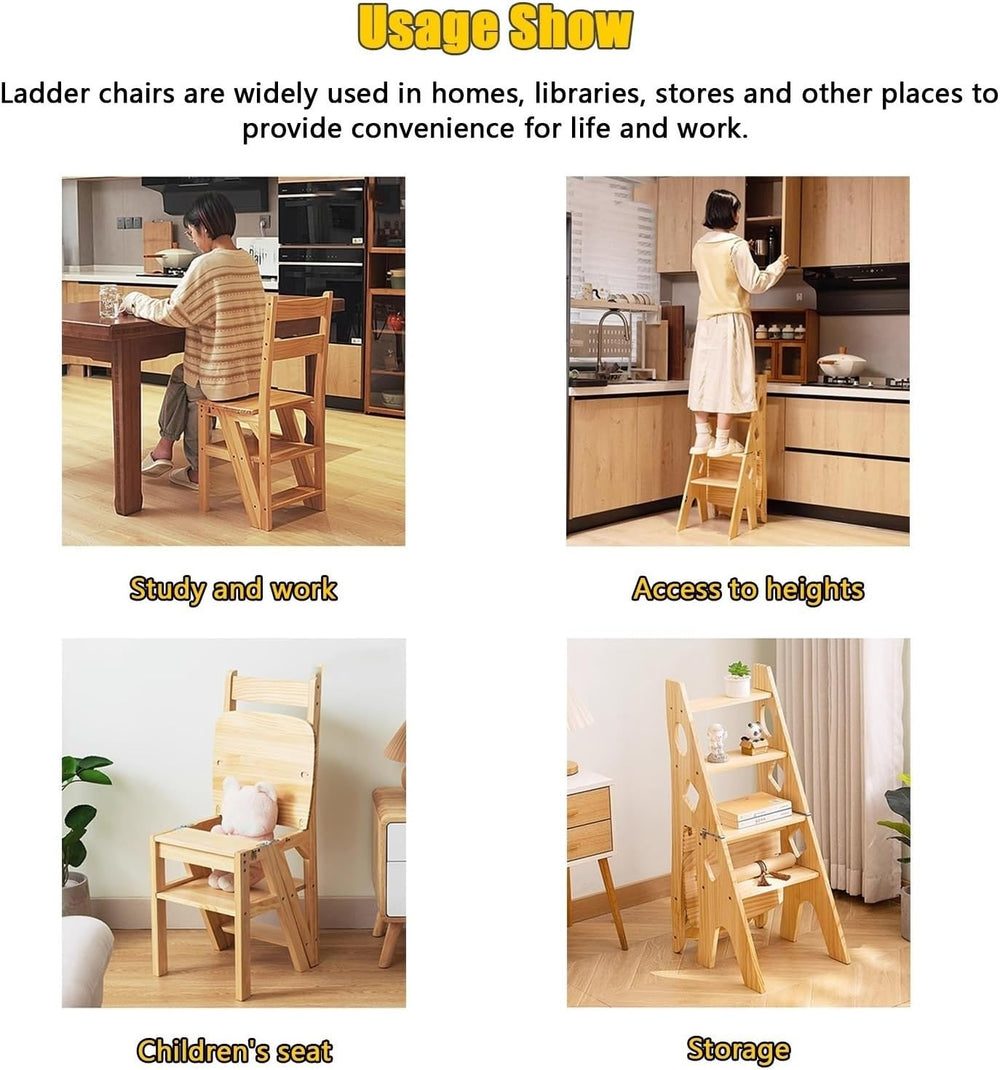 Aimery Library Ladder Chair, 2 in 1 Portable 4-Step Ladders, Wood Foldable St...