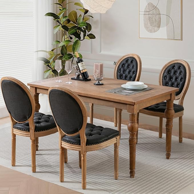 PU Leather Upholstered Dining Chairs Set of 4 French Country Round Back Kitchen Side Chairs with Nailhead Trim and Wood Legs for Dining Room, Kitchen, Restaurant(Black)