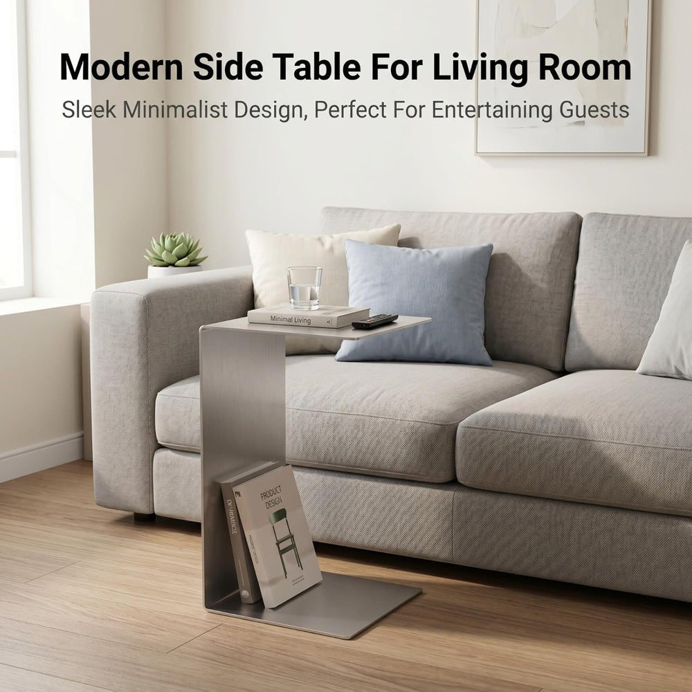 Modern Side Table Silver Coffee Table, Metal C-Shaped End Table with Smooth S...