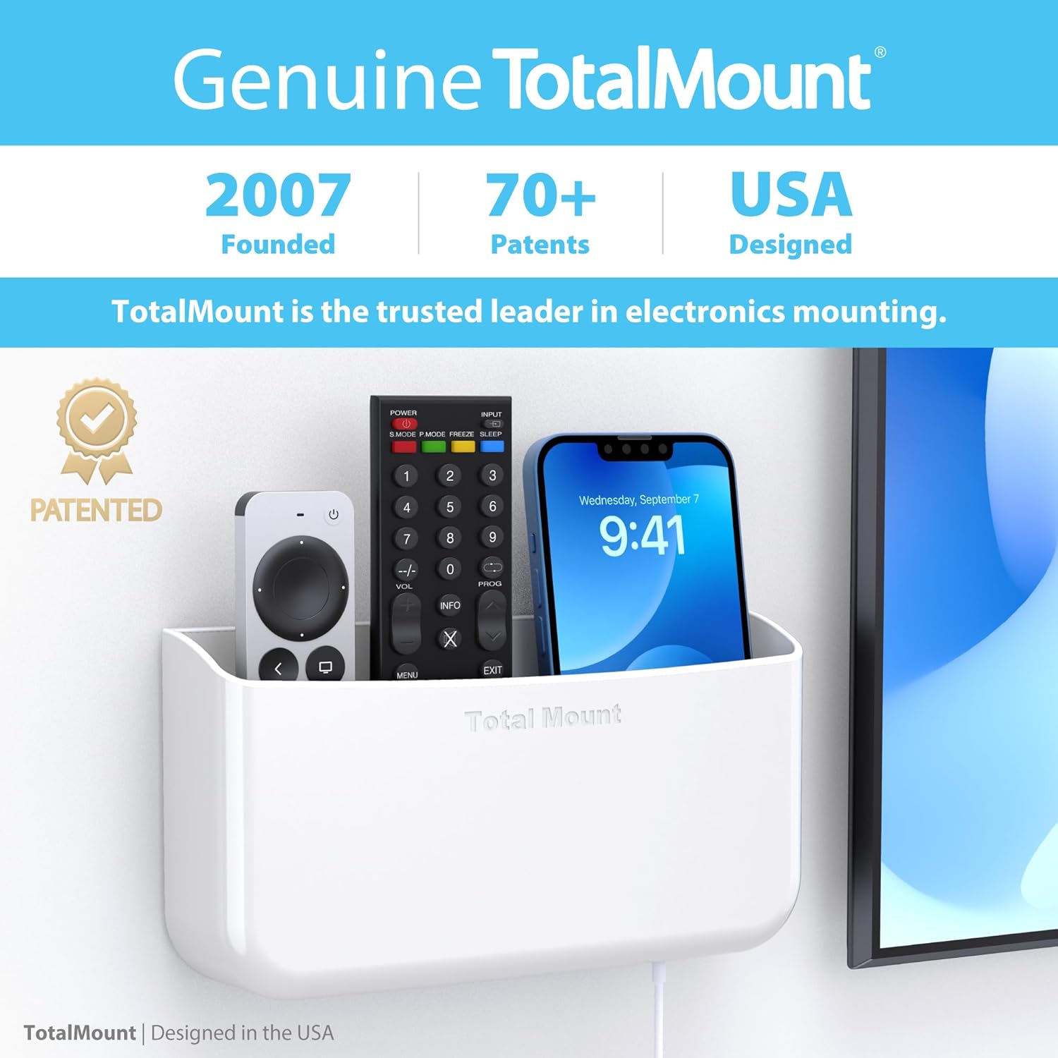 TotalMount Hole-Free Remote Holder – Eliminates Need to Drill Holes in Your Wall (Premium White Holder for 3 or 4 Remotes)