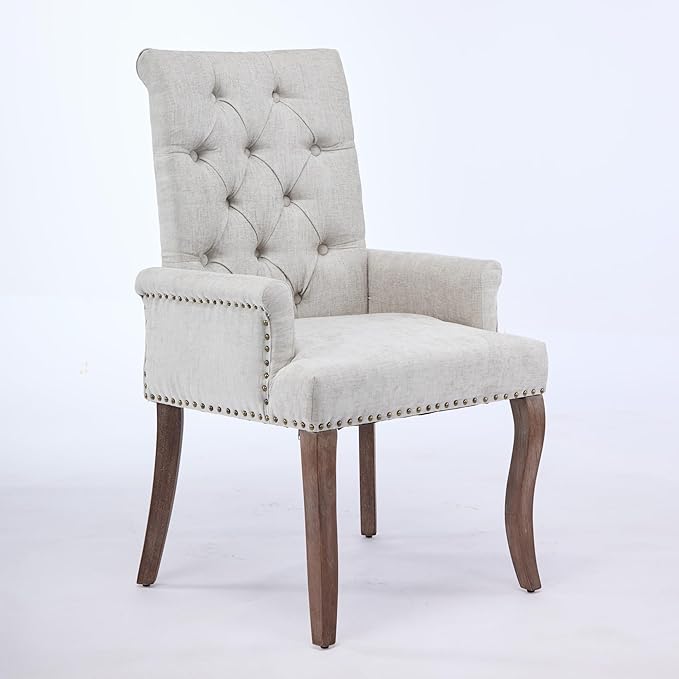 Upholstered Tufted Chenille Dining Chairs with Arms & Nailhead Trim – Sol...