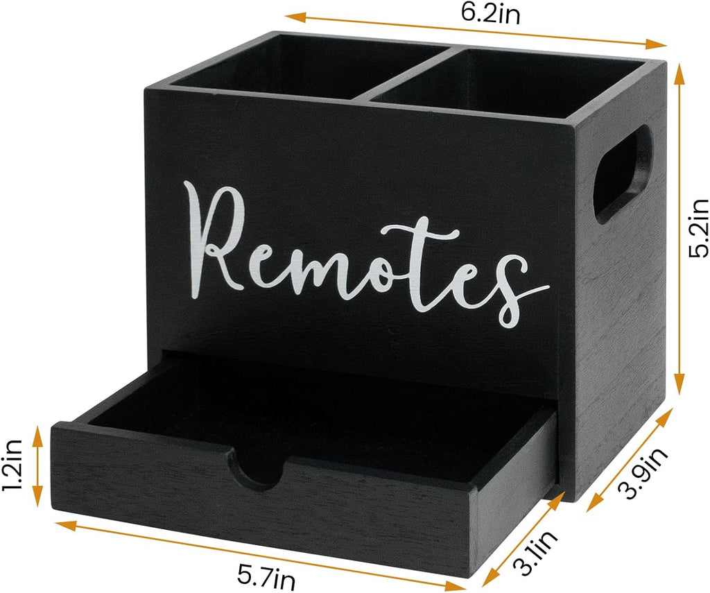Remote Control Holder, Wooden TV Controller Holder, Desk Organizer with 2 Compartment and Drawers for TV & Office Supplies, Ideal for Tabletop (Black)