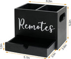 Remote Control Holder, Wooden TV Controller Holder, Desk Organizer with 2 Compartment and Drawers for TV & Office Supplies, Ideal for Tabletop (Black)