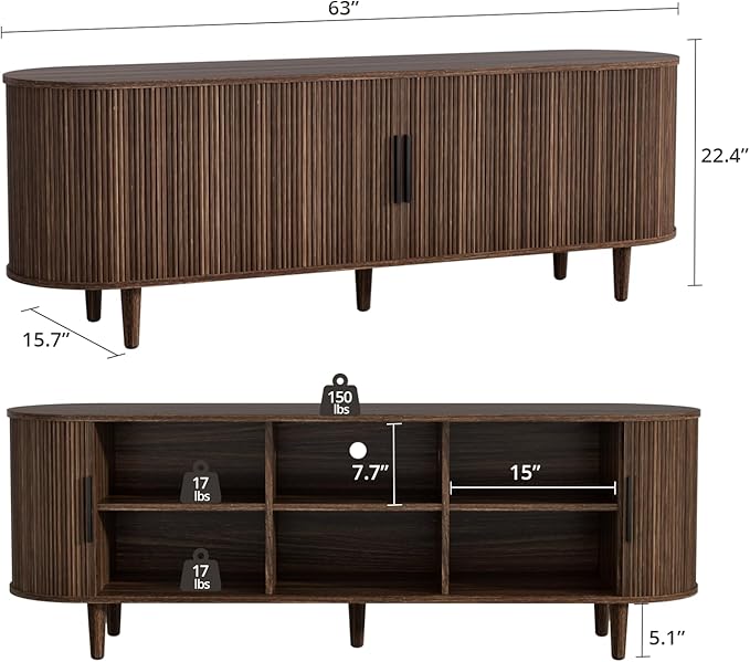VOWNER 63" Fluted TV Stand, Modern Entertainment Center for TVs Up to 65" with Adjustable Shelves and Sliding Doors, Curved Media Console Table with Storage Cabinet for Living Room Bedroom (Walnut)