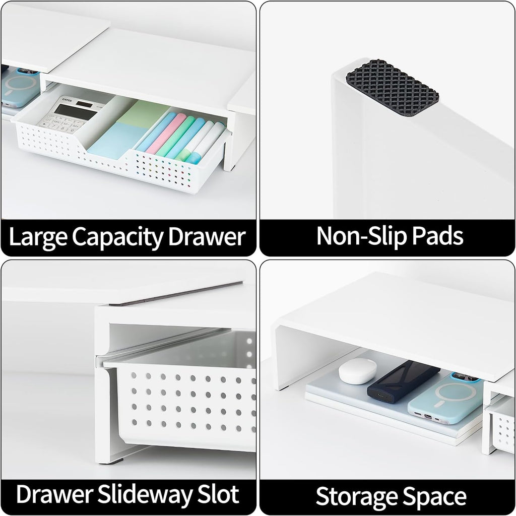 Dual Monitor Stand Riser with Drawer, Desk Organizer and Accessories, Metal Laptop Stand for Desk, Workspace Desktop Stand for Computer, Laptop, TV and More (White)