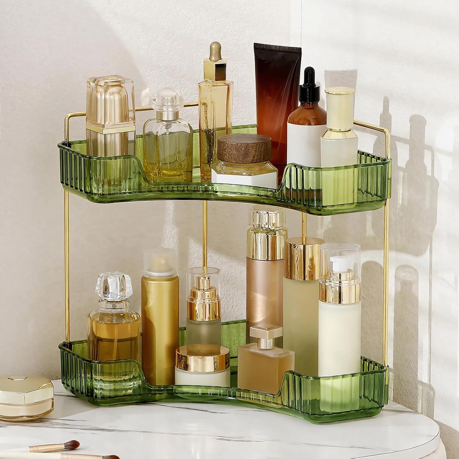 Corner Bathroom Countertop Organizer, Vanity Trays for Counter, Makeup Organizers, Perfume Tray, Kitchen Spice Rack, (Green, 2 Tiers)