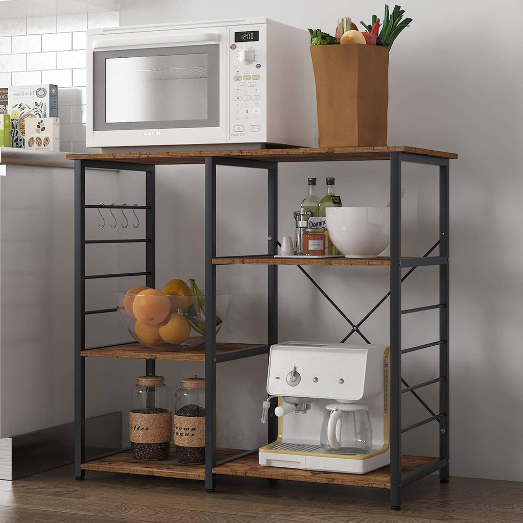 SogesPower Kitchen Baker's Rack, 3-Tier Microwave Stand Storage Rack with Different Height,Vintage Coffee Station with 5 Hooks,Organizer Workstation for Kitchen, Living Room and Corridor