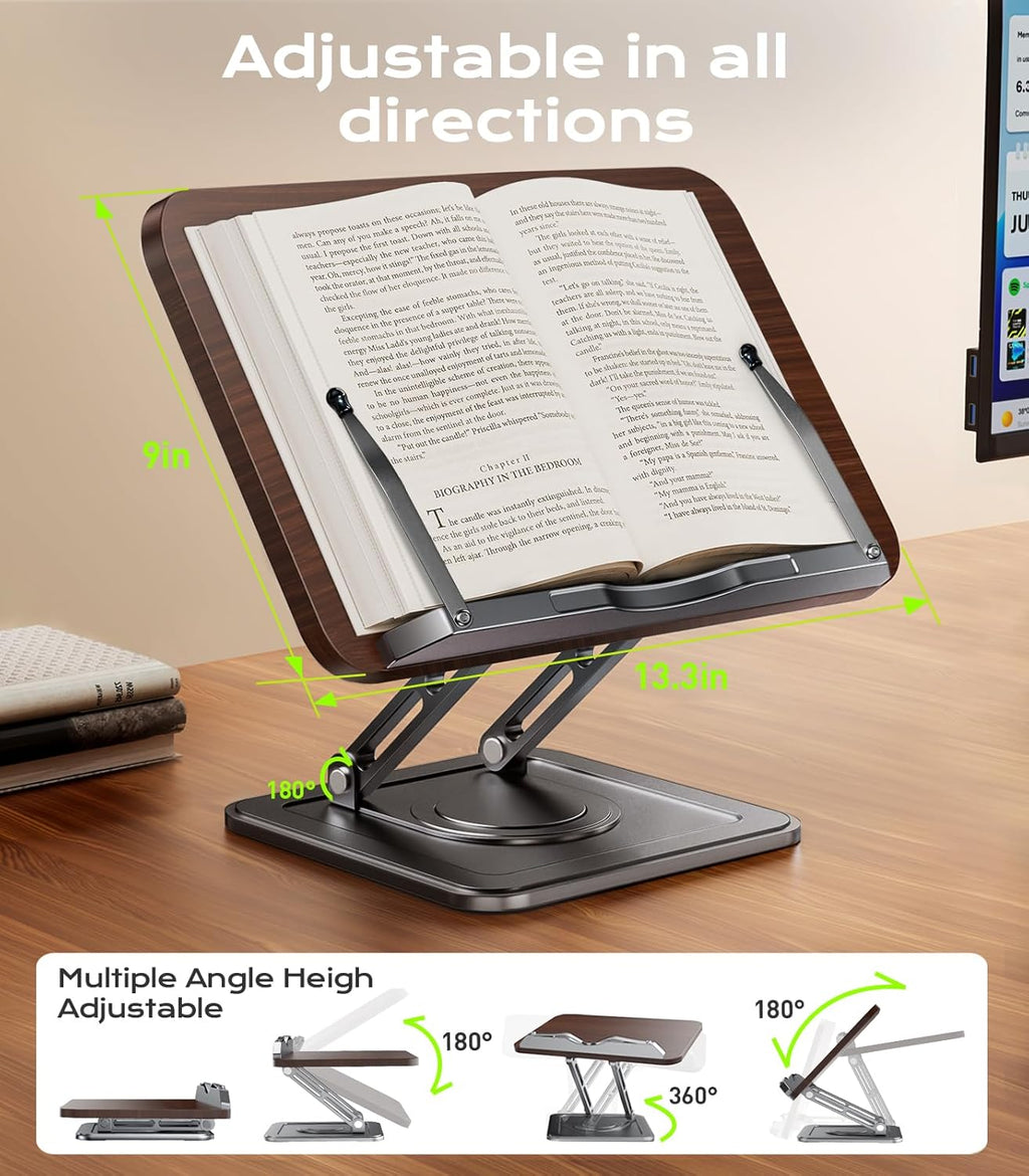Book Stand for Reading, Adjustable Book Holder with 360°Rotating Bases, Ergonomic Cookbook Stand Recipe Book Holder with Elastic Page Clips for Magazines, Tablets, Laptops