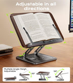 Book Stand for Reading, Adjustable Book Holder with 360°Rotating Bases, Ergonomic Cookbook Stand Recipe Book Holder with Elastic Page Clips for Magazines, Tablets, Laptops