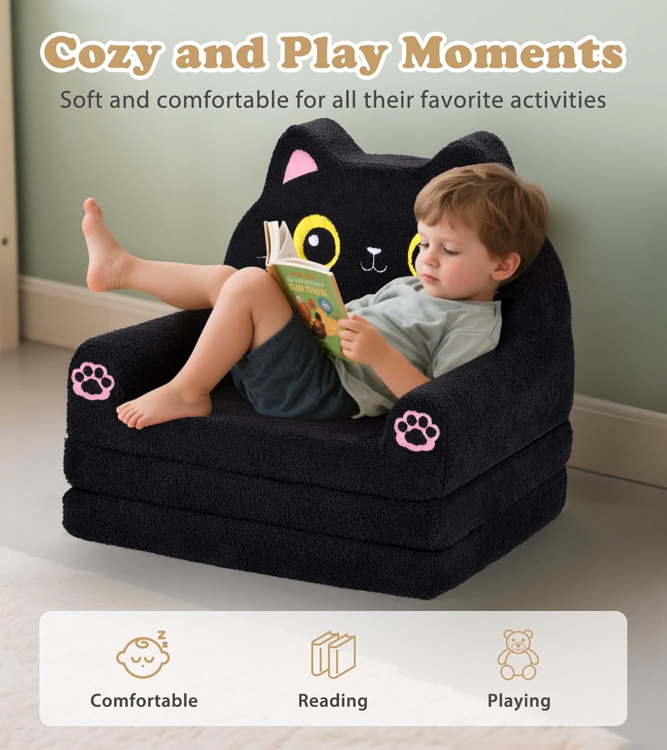 Foryoomi Kids Couch, 2-in-1 Soft Toddler Couch Fold Out with Blanket, Chair Comfy, Foldable Convertible Plush Sofa, Gifts for Kids Girl Boys, Black Cat