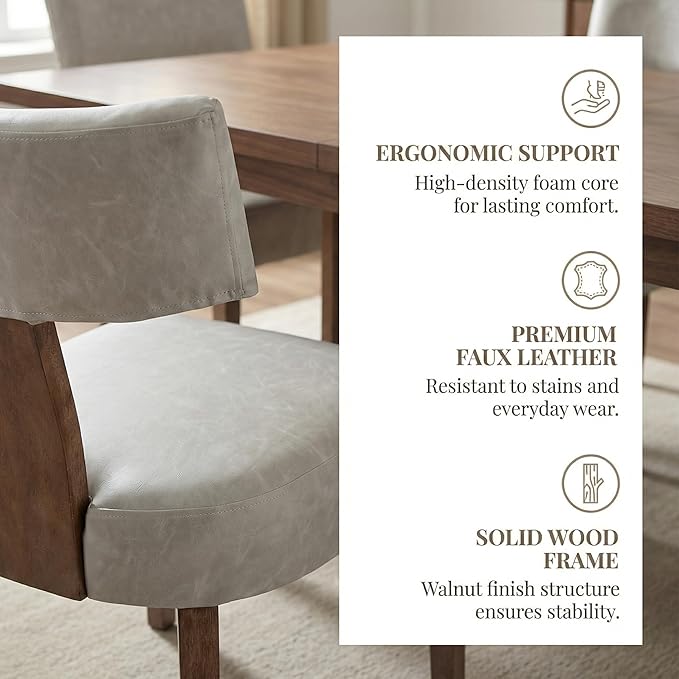 Grey Leather Dining Chairs Set of 4, Upholstered Wooden Dining Room Chairs, M...