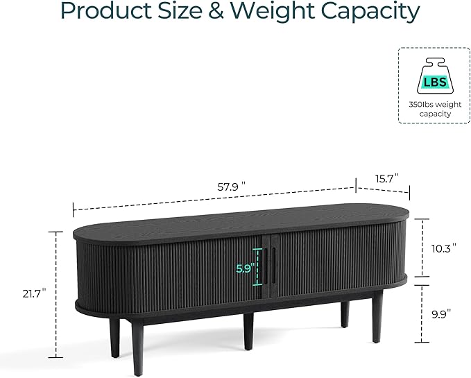 LINSY HOME Fluted TV Stand for 65" TV, Mid-Century Modern Wood Entertainment Center with Sliding Tambour Door and Storage Cabinet, Boho TV Media Console Table for Living Room, Bedroom, Black