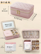 Velvet Travel Jewelry Box with Large Mirror, Double-Layer Jewelry Organizer Case for Women and Girls, Portable Storage Case with 6 Anti-Tarnish Bags Gift Ready for Her (Blush Pink)