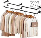 Industrial Pipe Clothing Rack, 66.1" Wall Mounted Clothes Rack Set of 2, Heavy Duty Closet Rod for Hanging Clothes, Space-Saving Detachable Iron Wall Garment Bar 3 Base
