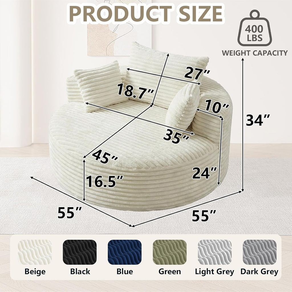 55" L Corduroy Sponge Single Sofa, Oversized Round Chair, Fluffy Modern Sleeper Chairs for Living Room, Lounge and Projection Room, Wide Armrest Lounge Chairs, Armchair with Pillow White