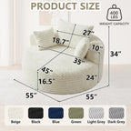 55" L Corduroy Sponge Single Sofa, Oversized Round Chair, Fluffy Modern Sleeper Chairs for Living Room, Lounge and Projection Room, Wide Armrest Lounge Chairs, Armchair with Pillow White