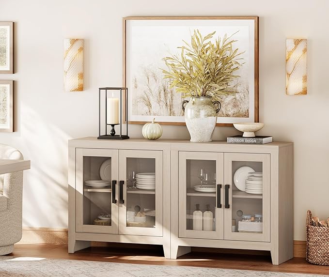 WAMPAT Farmhouse TV Stand for TVs up to 65”, Rustic Wood Entertainment Center with Adjustable Shelf, Glass Doors & Storage, Media Console Cabinet for Living-Room, Bedroom, Beige