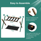 Smuxee Walnut Bamboo Luggage Rack for Guest Room, Foldable Suitcase Stand with Storage Shelf, Easily Assembled Luggage Stand with 5 Nylon Straps for Guest Room Bedroom Hotel