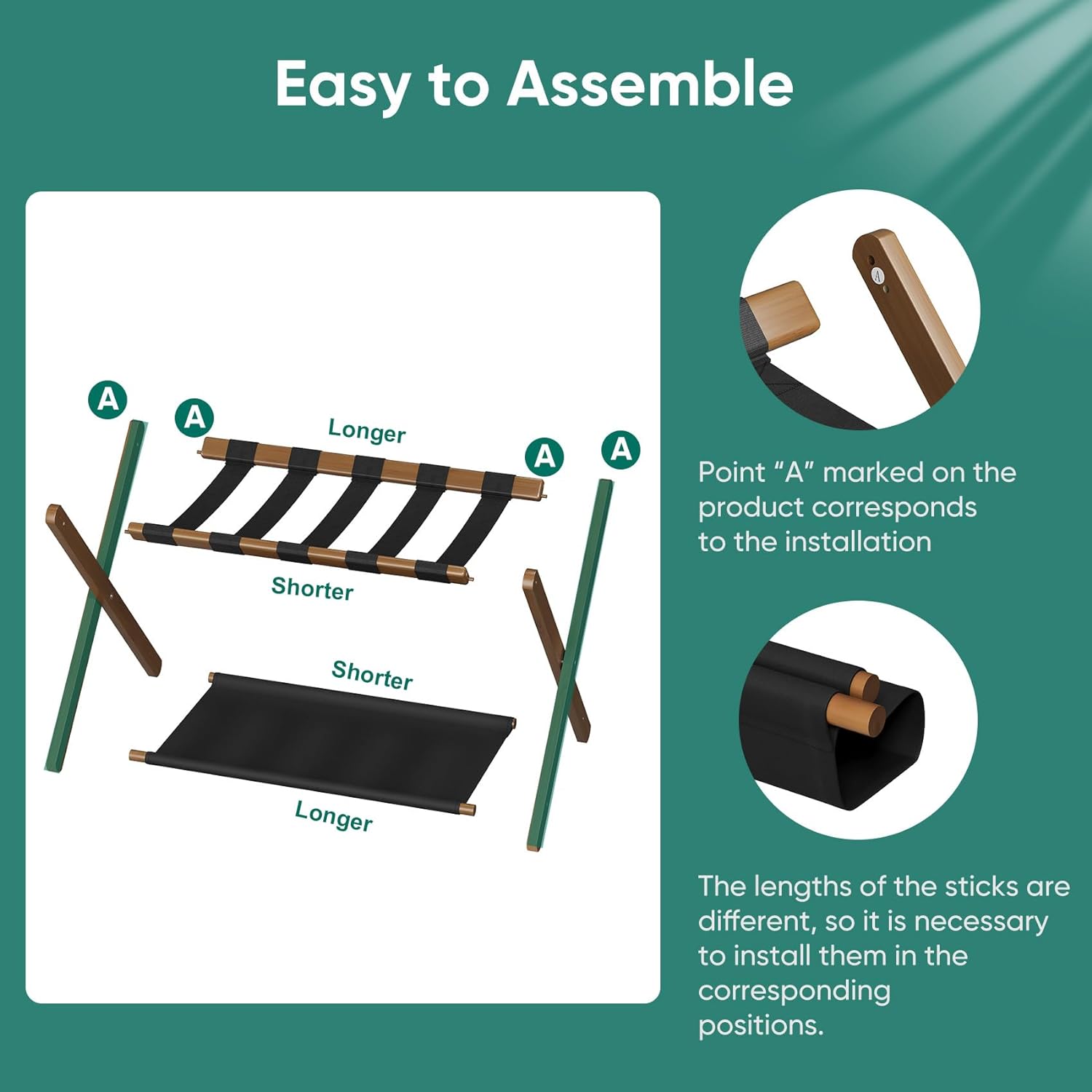 Smuxee Walnut Bamboo Luggage Rack for Guest Room, Foldable Suitcase Stand with Storage Shelf, Easily Assembled Luggage Stand with 5 Nylon Straps for Guest Room Bedroom Hotel