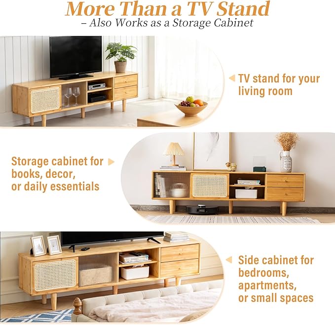 Tiita Rattan TV Stand for 55 65 Inch TV, Bamboo TV Cabinet with 2 Drawers, Boho Entertainment Center with Adjustable Shelf, Mid Century Modern Media Console for Bedroom, Living Room, Wood