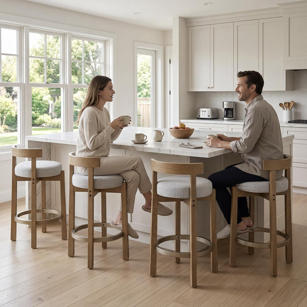 Ya-Home Mid-Century Bar Stools Set of 2, 26.5 Inch Linen Counter Height Uphol...