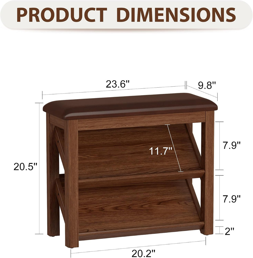 AQIMUELE Rubberwood Shoe Bench with Leather Cushion and Slanted Shelves | Sol...