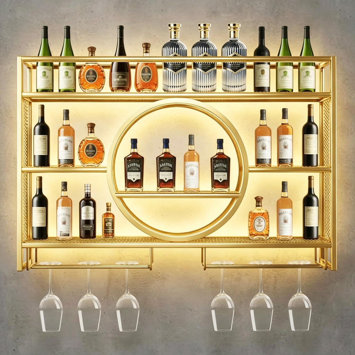 39 Inch Bar Shelves Wall Mounted Wine Rack with LED Light | 3 Tier Large Capacity w/Wine Glass Holder, Liquor Bottle Display Shelf, for Modern Home Bar Restaurant
